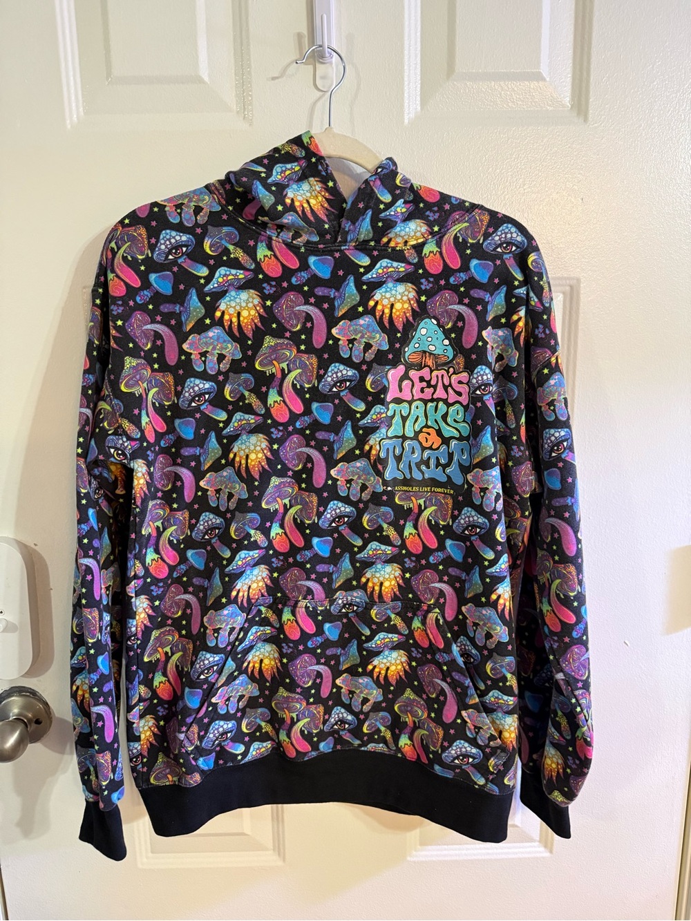 A**holes Live Forever Lets Take A Trip Mushroom Hoodie Black Neon Trippy M